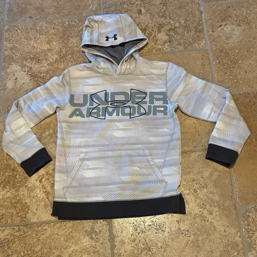 Under Armour Boys Kids Gray Black Spellout Hoodie Sweatshirt Size YL